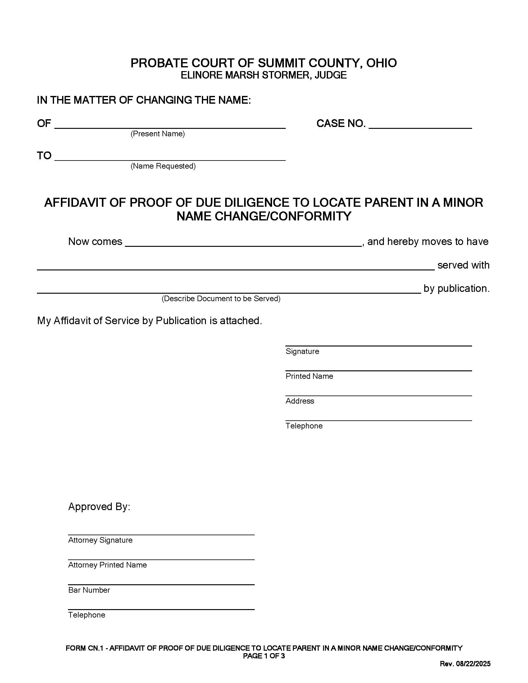 Affidavit Of Proof Of Due Diligence To Locate Parent In A Minor Name Change {CN-1} | Pdf Fpdf Doc Docx | Ohio