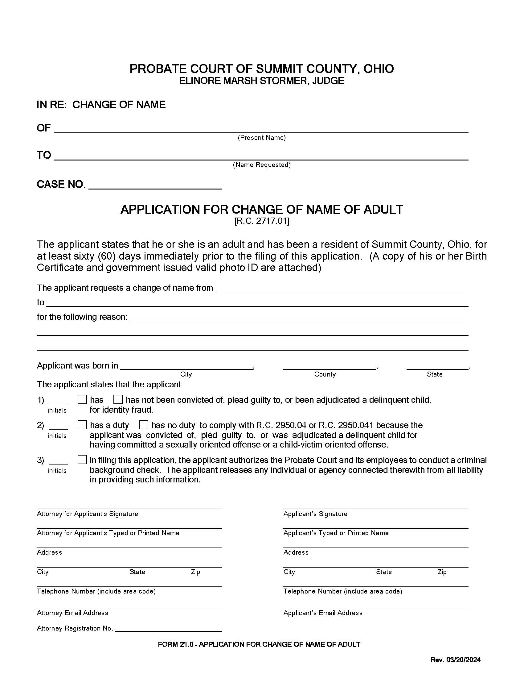 Application For Change Of Name Of Adult {21.0} | Pdf Fpdf Docx | Ohio