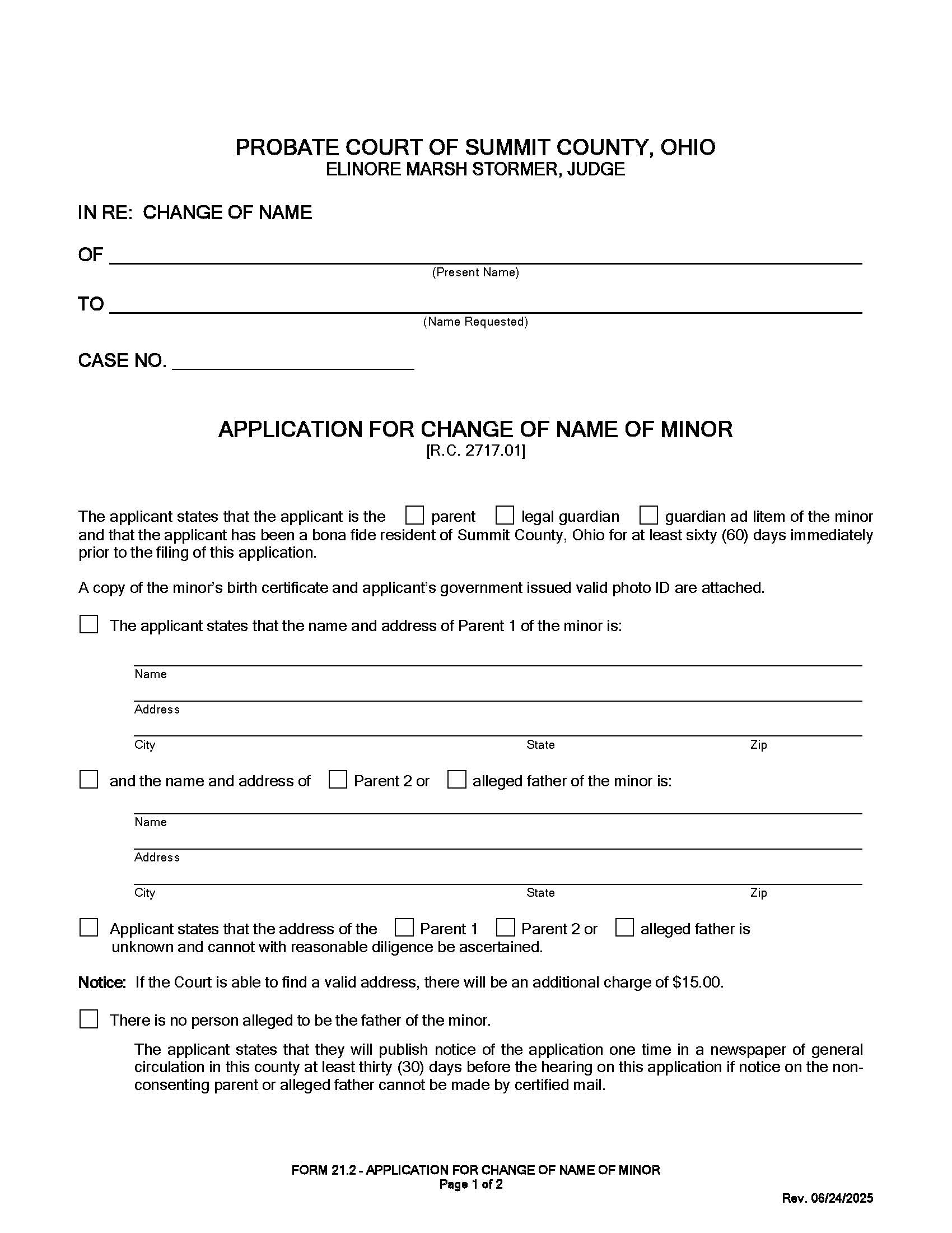 Application For Change Of Name Of Minor {21.2} | Pdf Fpdf Docx | Ohio