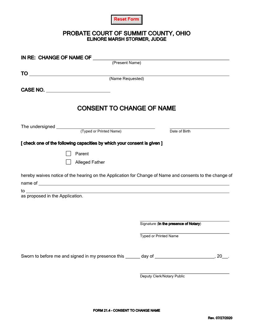 Consent To Change Of Name {21.4} | Pdf Fpdf Doc Docx | Ohio