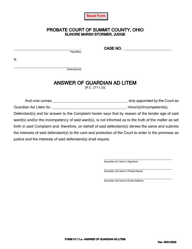 Answer Of Guardian Ad Litem {CV-11a} | Pdf Fpdf Doc Docx | Ohio