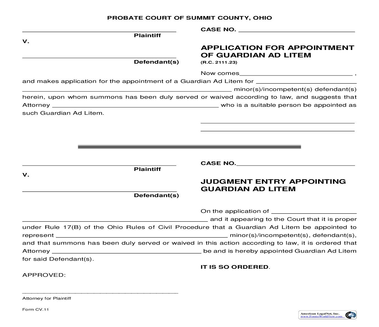 Application For Appointiment Of Guardian Ad Litem {CV-11} | Pdf Fpdf Doc Docx | Ohio