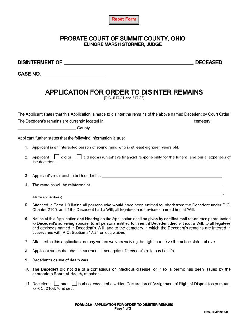 Application For Order To Disinter Remains {25.0} | Pdf Fpdf Doc Docx | Ohio