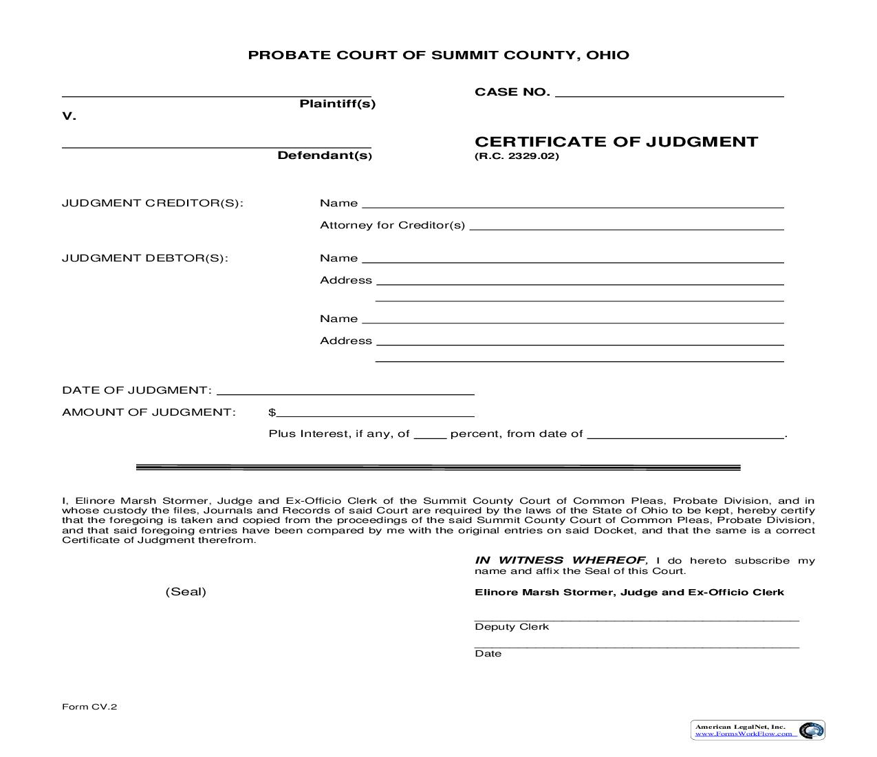 Certificate Of Judgment {CV-2} | Pdf Fpdf Doc Docx | Ohio
