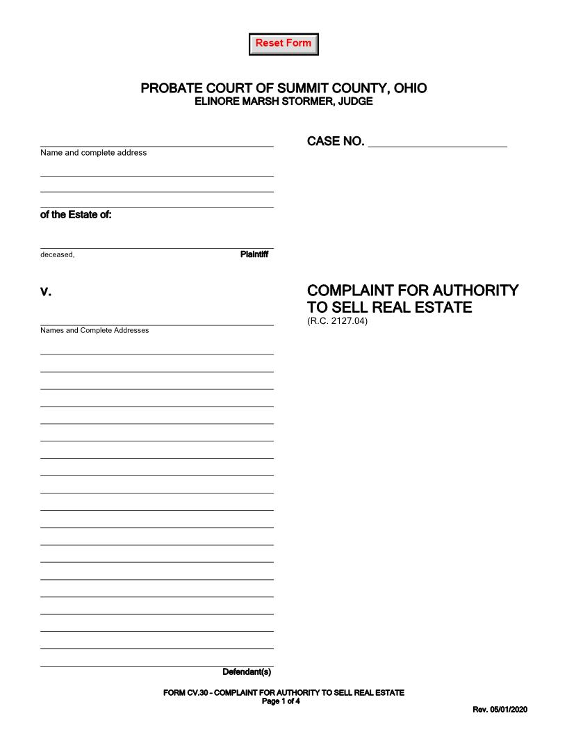 Complaint For Authority To Sell Real Estate {CV-30} | Pdf Fpdf Doc Docx | Ohio