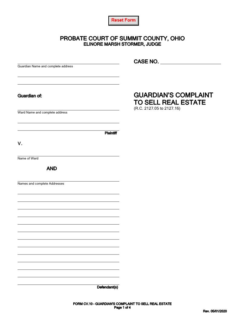 Guardians Complaint To Sell Real Estate {CV-10} | Pdf Fpdf Doc Docx | Ohio