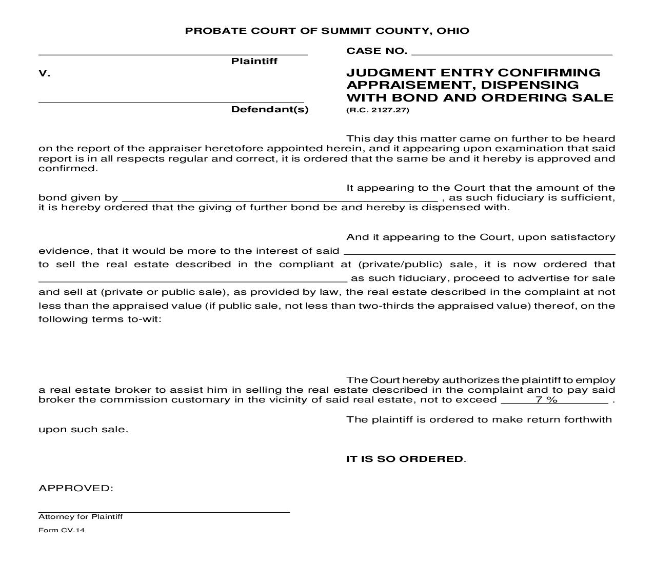 Judgment Entry Confirming Appraisement Dispensing With Bond And Ordering Sale {CV-14} | Pdf Fpdf Doc Docx | Ohio
