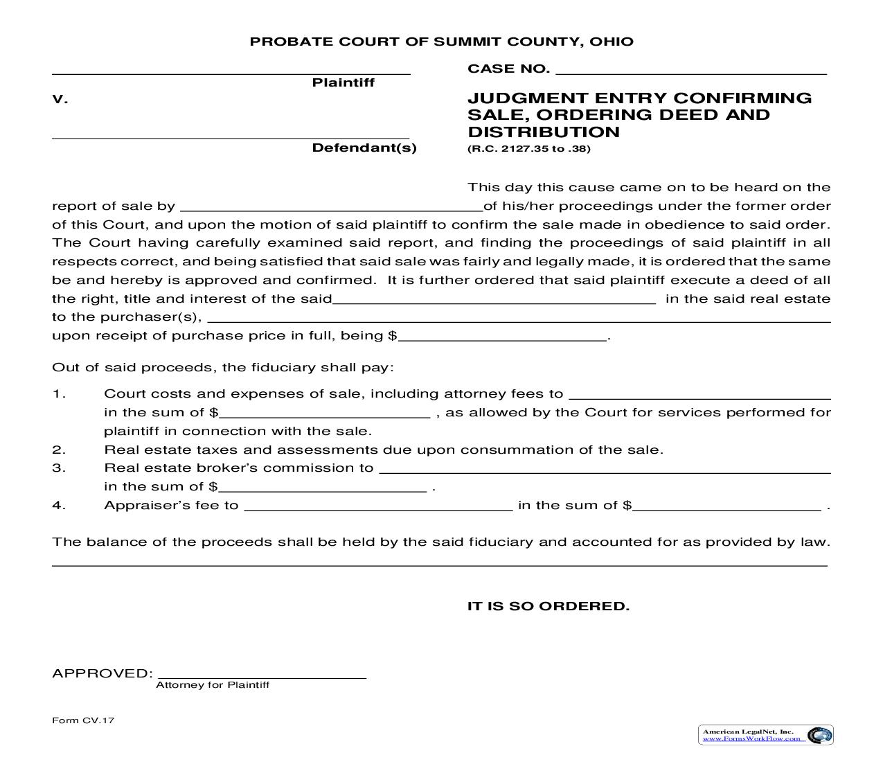 Judgment Entry Confirming Sale Ordering Deed And Distribution {CV-17} | Pdf Fpdf Doc Docx | Ohio