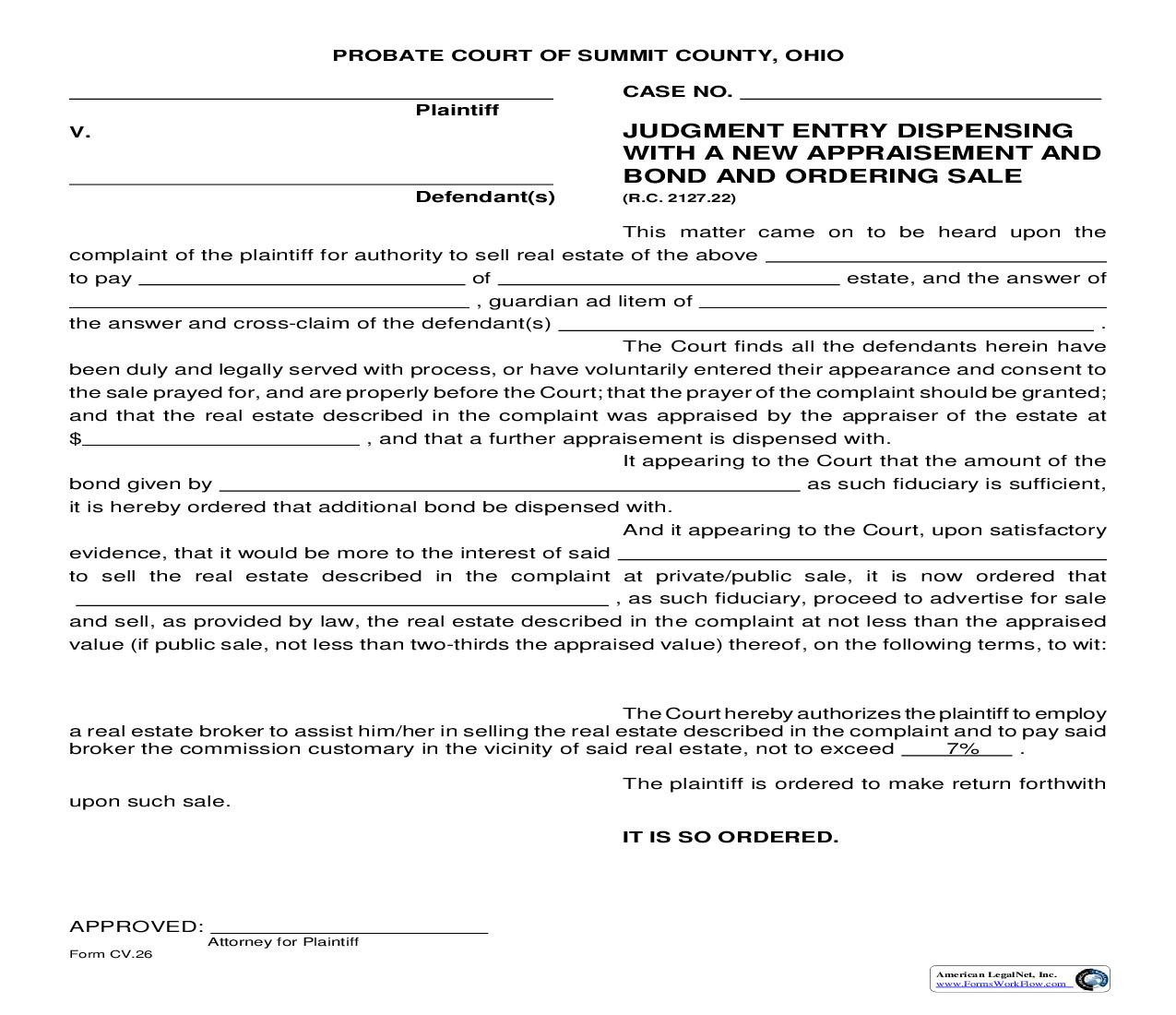Judgment Entry Dispensing With A New Appraisement And Bond And Ordering Sale {CV-26} | Pdf Fpdf Doc Docx | Ohio
