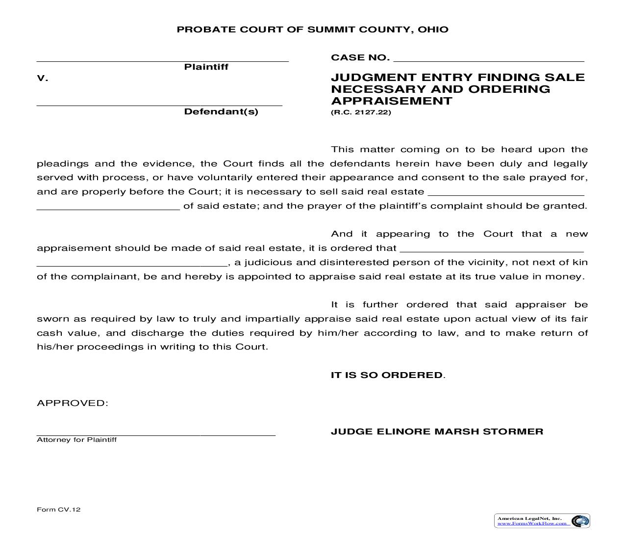 Judgment Entry Finding Sale Necessary And Ordering Appraisement {CV-12} | Pdf Fpdf Doc Docx | Ohio
