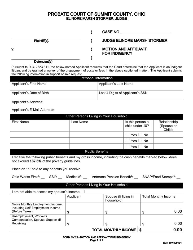 Motion And Affidavit For Indigency {CV-21} | Pdf Fpdf Docx | Ohio