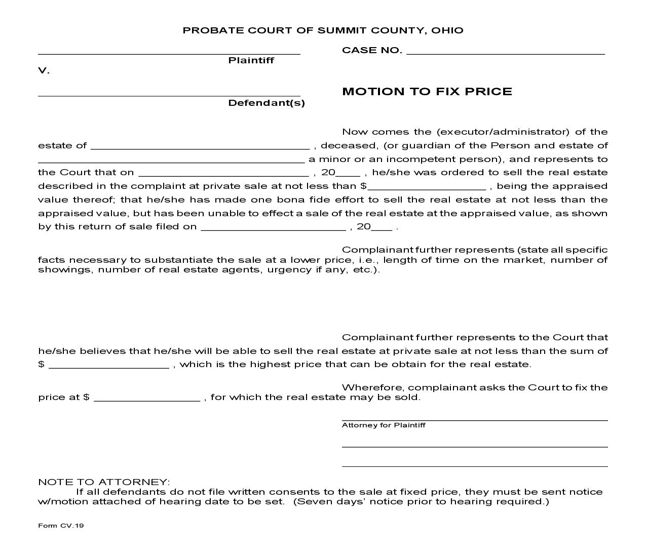 Motion To Fix Price {CV-19} | Pdf Fpdf Doc Docx | Ohio
