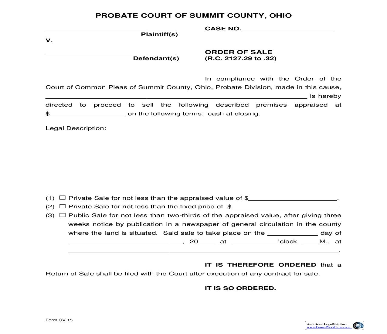 Order Of Private Sale {CV-15} | Pdf Fpdf Doc Docx | Ohio