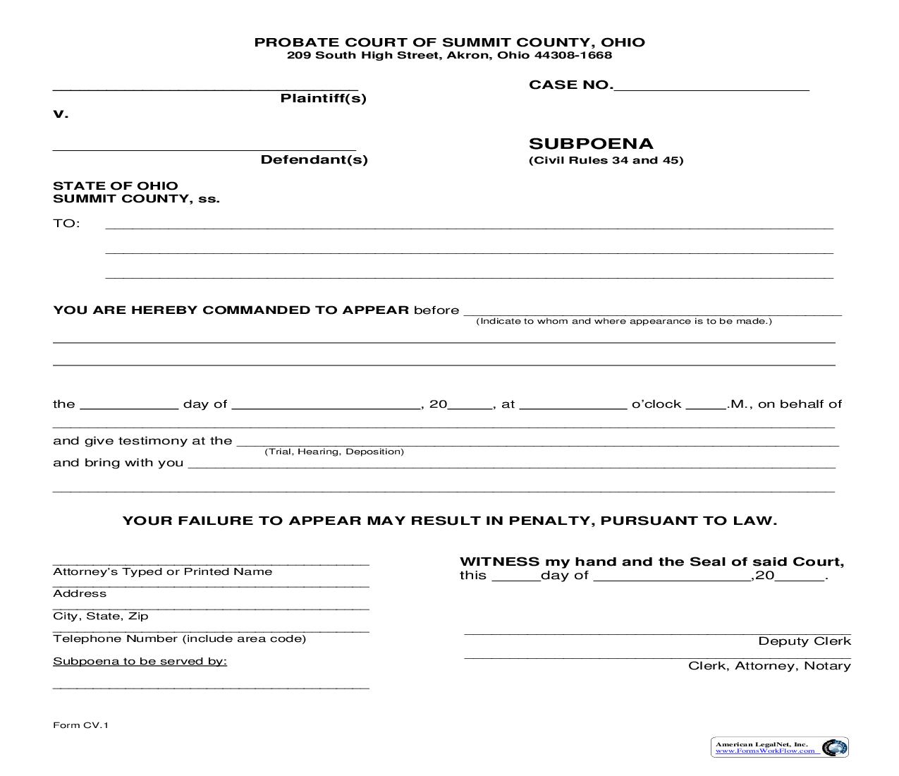 Subpoena {CV-1} | Pdf Fpdf Doc Docx | Ohio