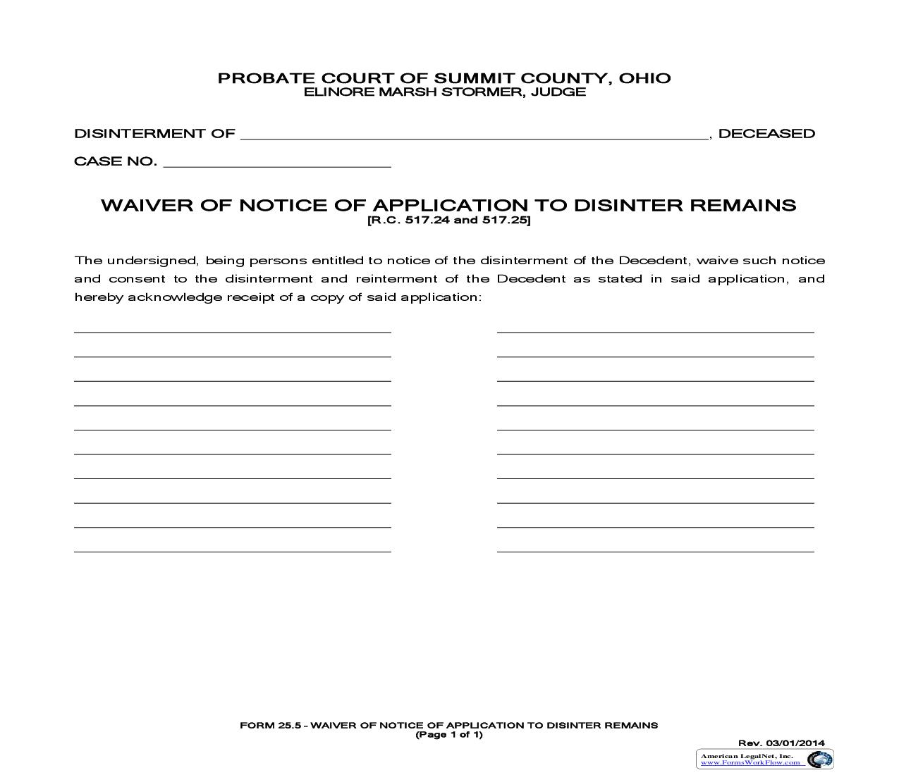 Waiver Of Notice Of Application To Disinter Remains {25.5} | Pdf Fpdf Doc Docx | Ohio