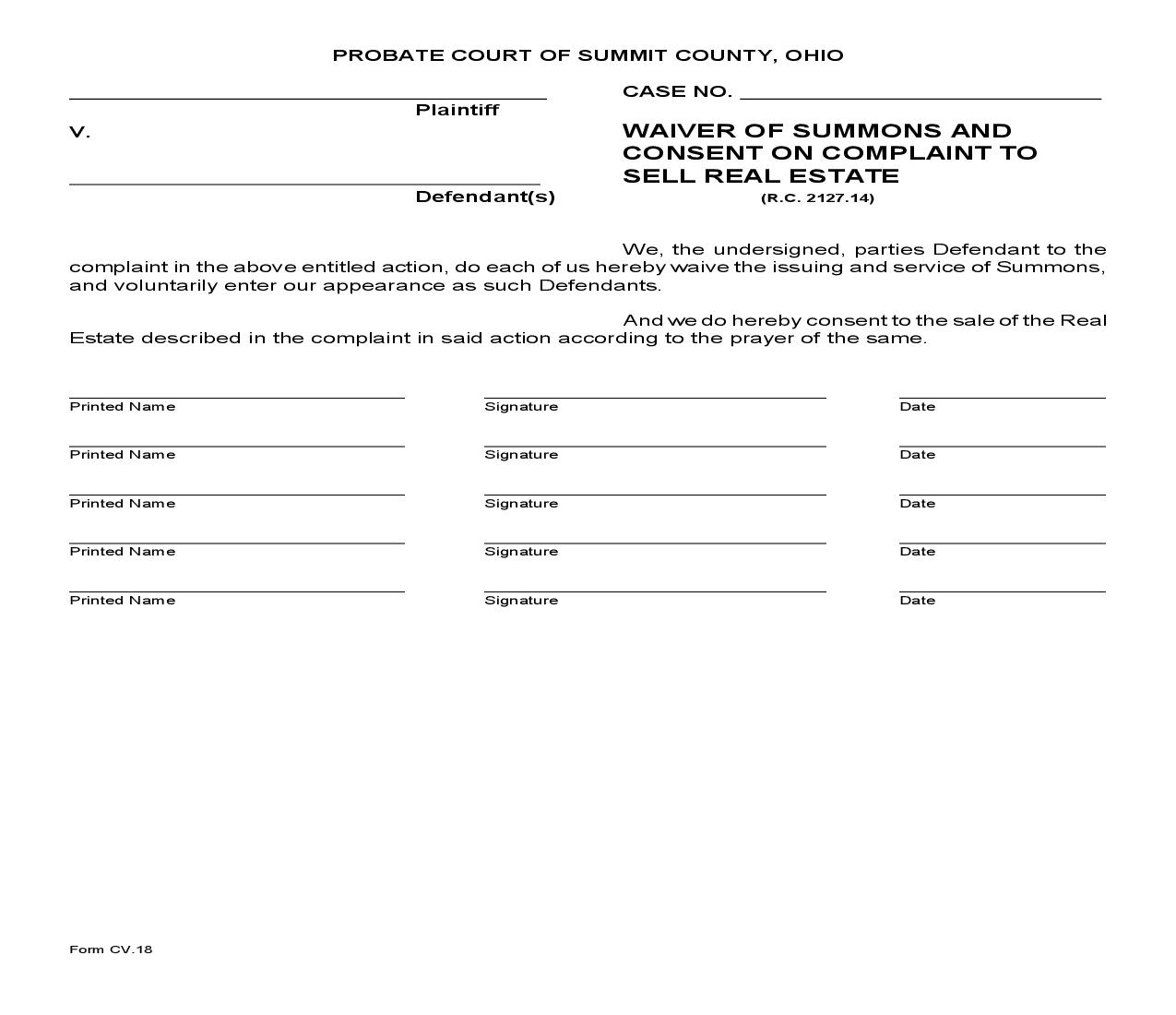 Waiver Of Summons And Consent On Complaint To Sell Real Estate {CV-18} | Pdf Fpdf Doc Docx | Ohio