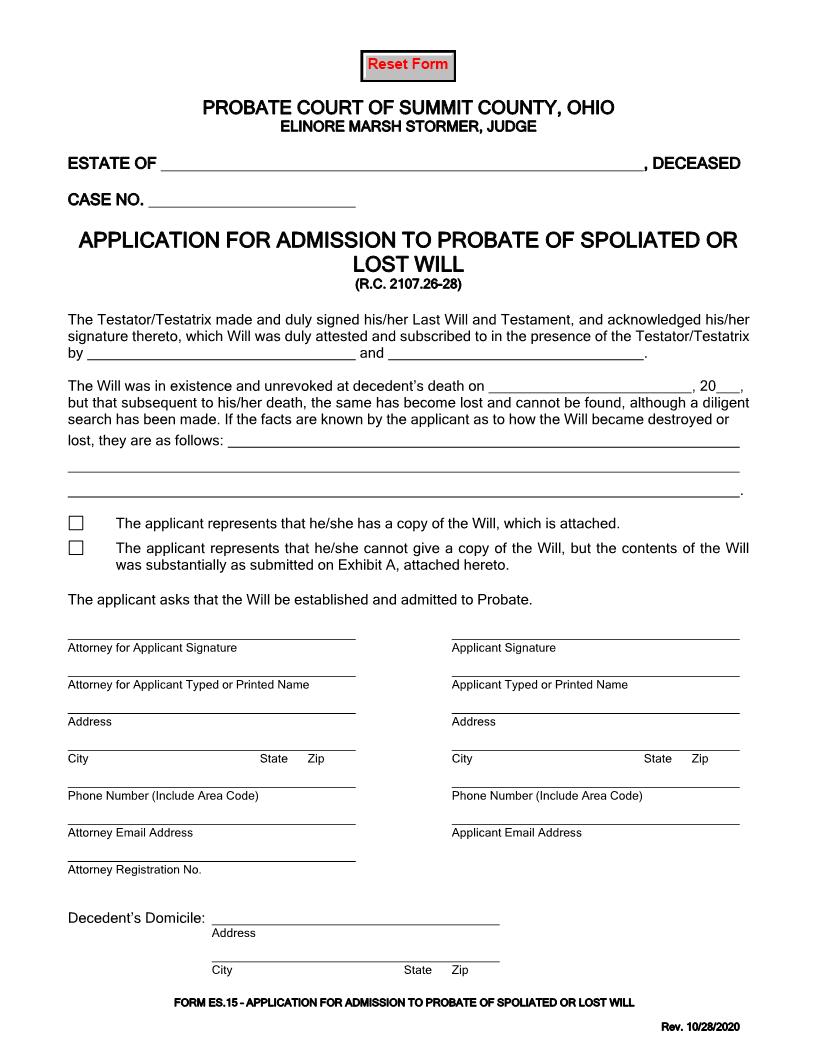Application For Admission To Probate Of Spoliated Or Lost Will {ES-15} | Pdf Fpdf Doc Docx | Ohio