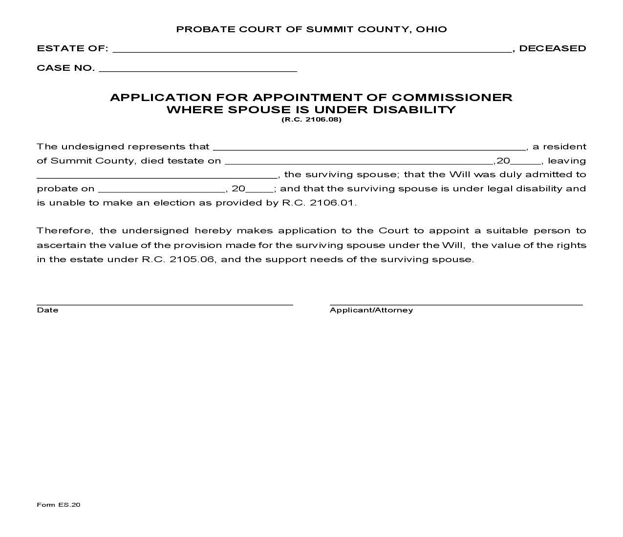 Application For Appointment Of Commissioner Where Spouse Is Under Disability {ES-20} | Pdf Fpdf Doc Docx | Ohio