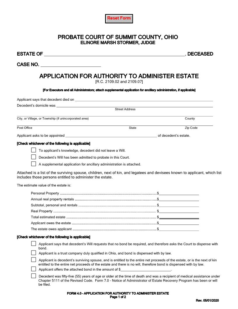 Application For Authority To Administer Estate {4.0} | Pdf Fpdf Doc Docx | Ohio