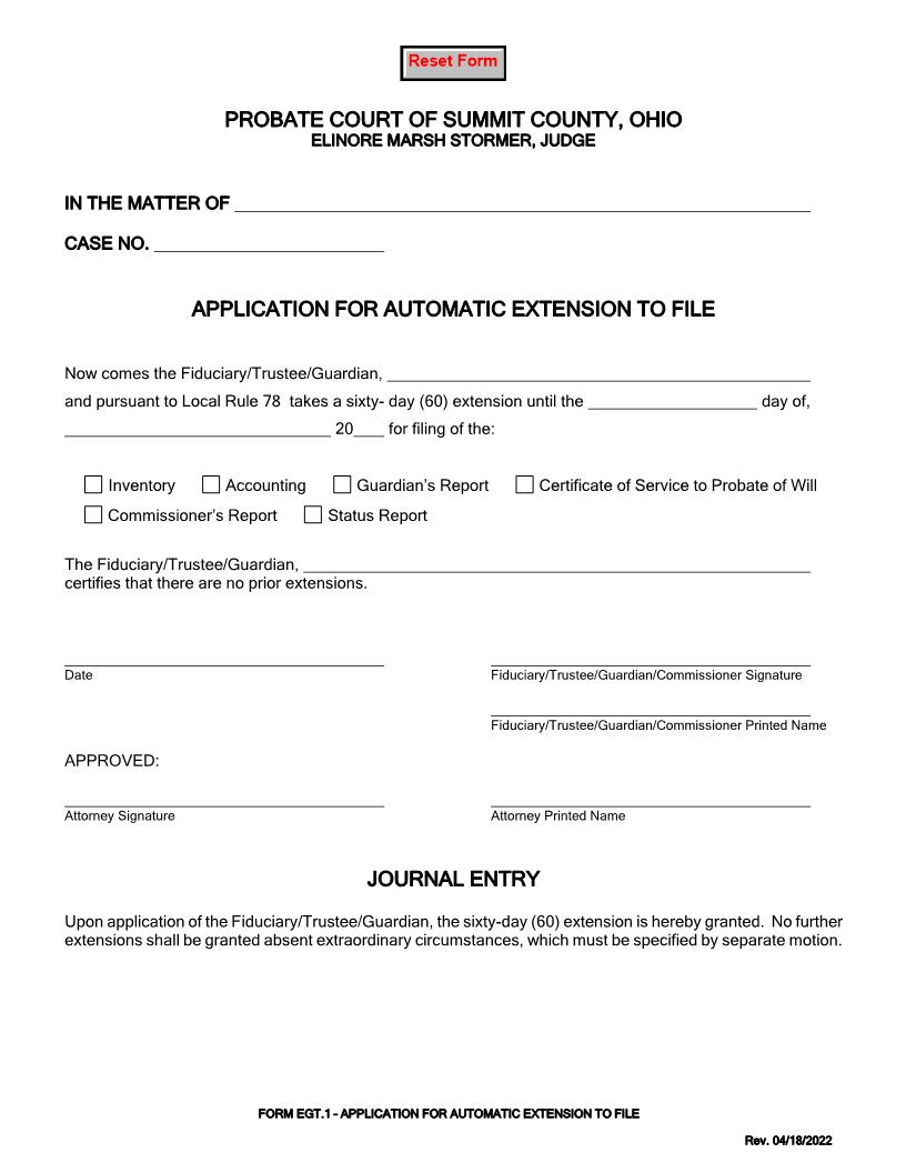 Application For Automatic Extension To File {EGT-1} | Pdf Fpdf Docx | Ohio