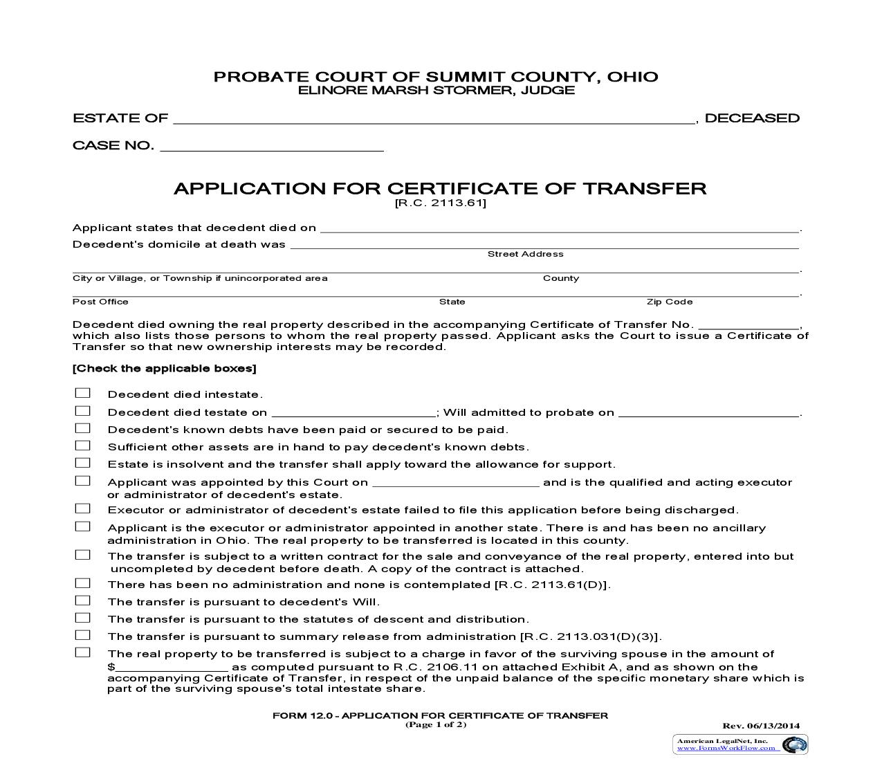 Application For Certificate Of Transfer {12.0} | Pdf Fpdf Doc Docx | Ohio