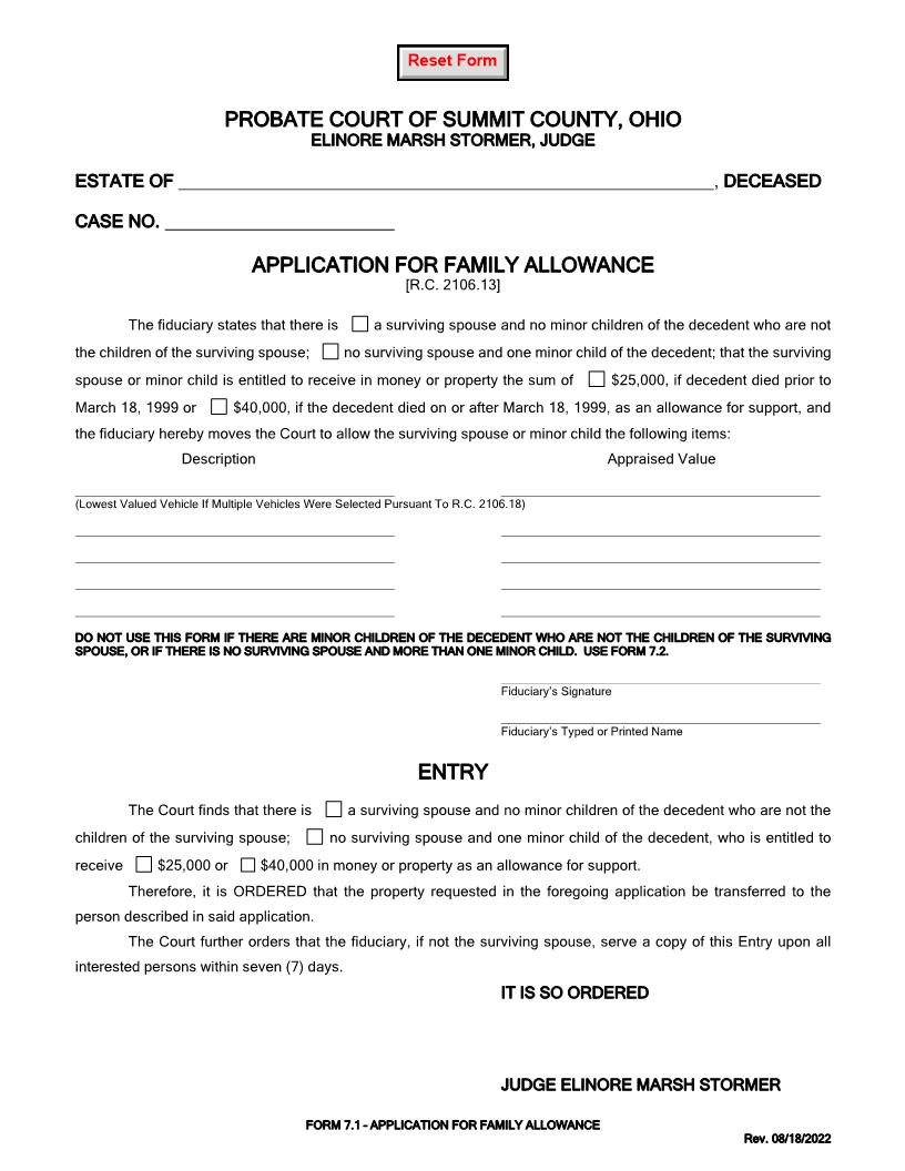 Application For Family Allowance {7.1} | Pdf Fpdf Doc Docx | Ohio