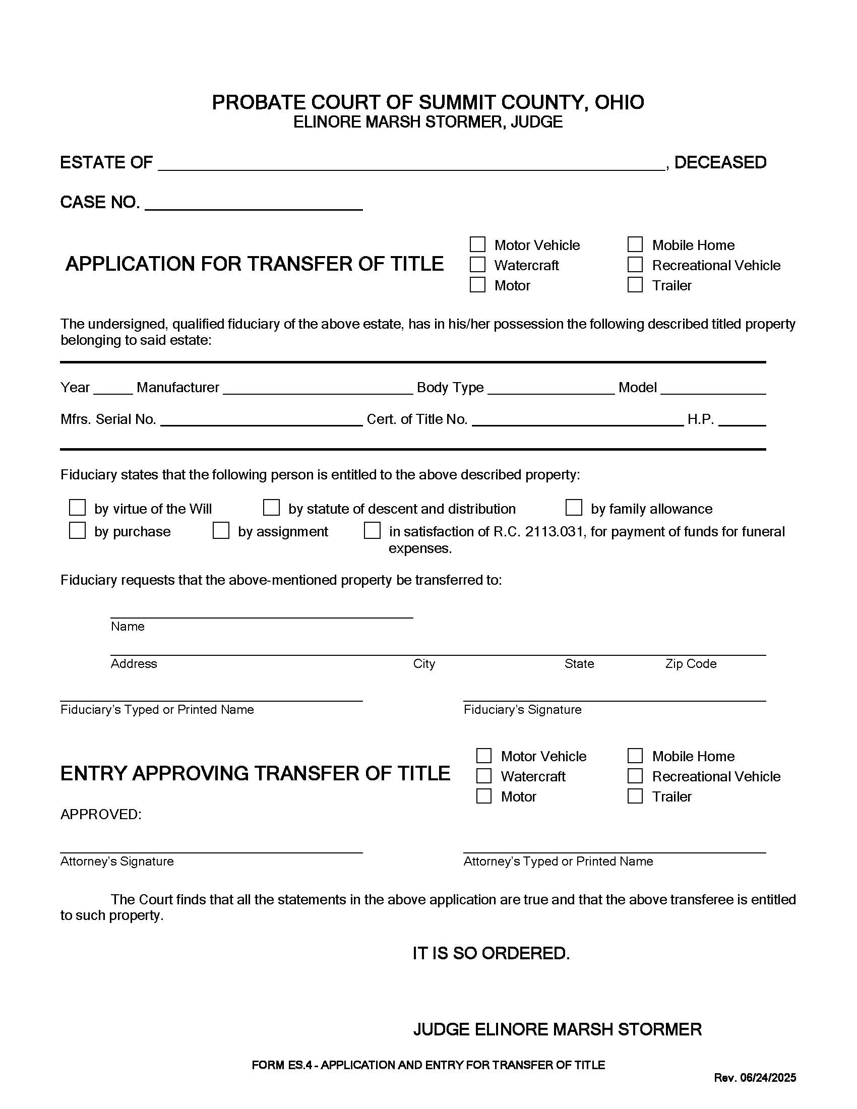 Application For Transfer Of Motor Vehicle {ES-4} | Pdf Fpdf Doc Docx | Ohio