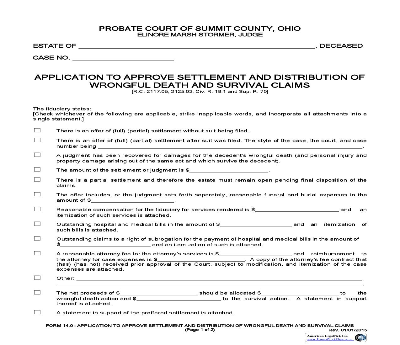Application To Approve Settlement And Distribution Of Wrongful Death And Survival Claims {14.0} | Pdf Fpdf Doc Docx | Ohio