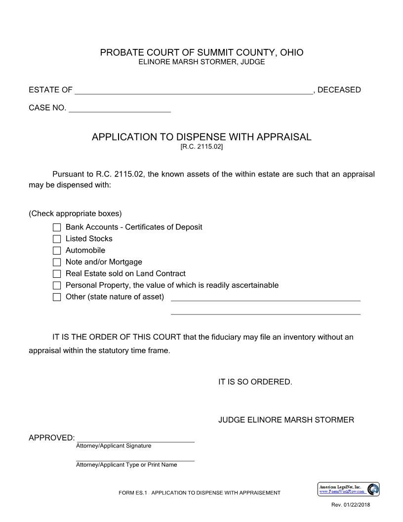 Application To Dispense With Appraisal {ES-1} | Pdf Fpdf Docx | Ohio