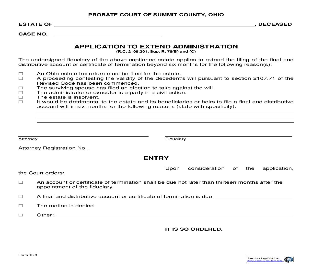 Application To Extend Administration {13.8} | Pdf Fpdf Doc Docx | Ohio