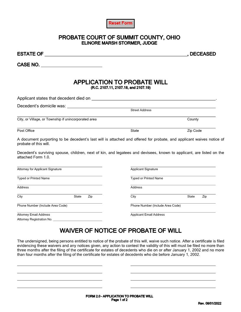 Application To Probate Will {2.0} | Pdf Fpdf Doc Docx | Ohio