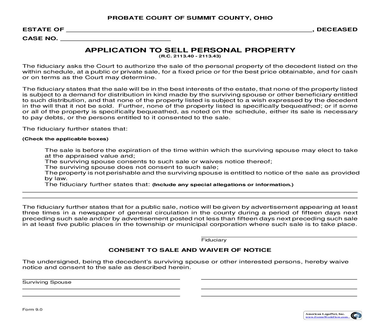 Application To Sell Personal Property {9.0} | Pdf Fpdf Doc Docx | Ohio