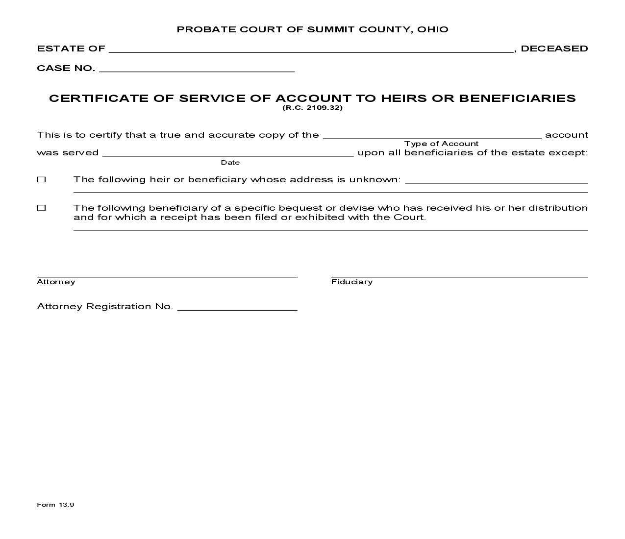 Certificate Of Service Of Account To Heirs Or Beneficiaries {13.9} | Pdf Fpdf Doc Docx | Ohio