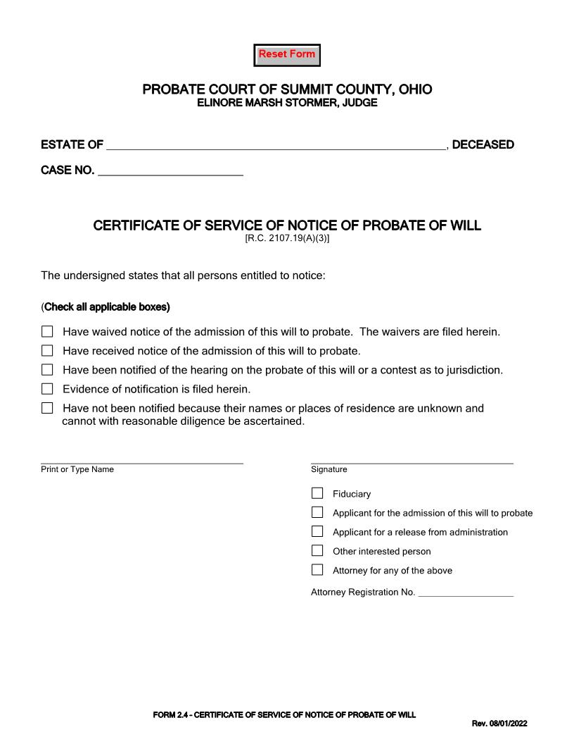 Certificate Of Service Of Notice Of Probate Of Will {2.4} | Pdf Docx | Ohio