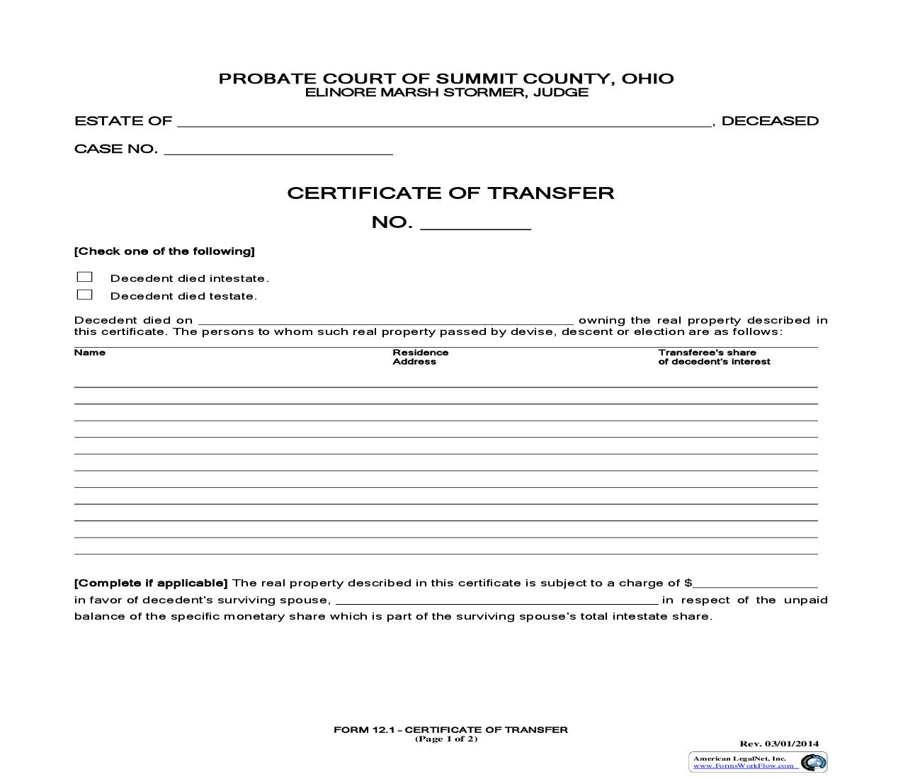 Certificate Of Transfer {12.1} | Pdf Fpdf Doc Docx | Ohio