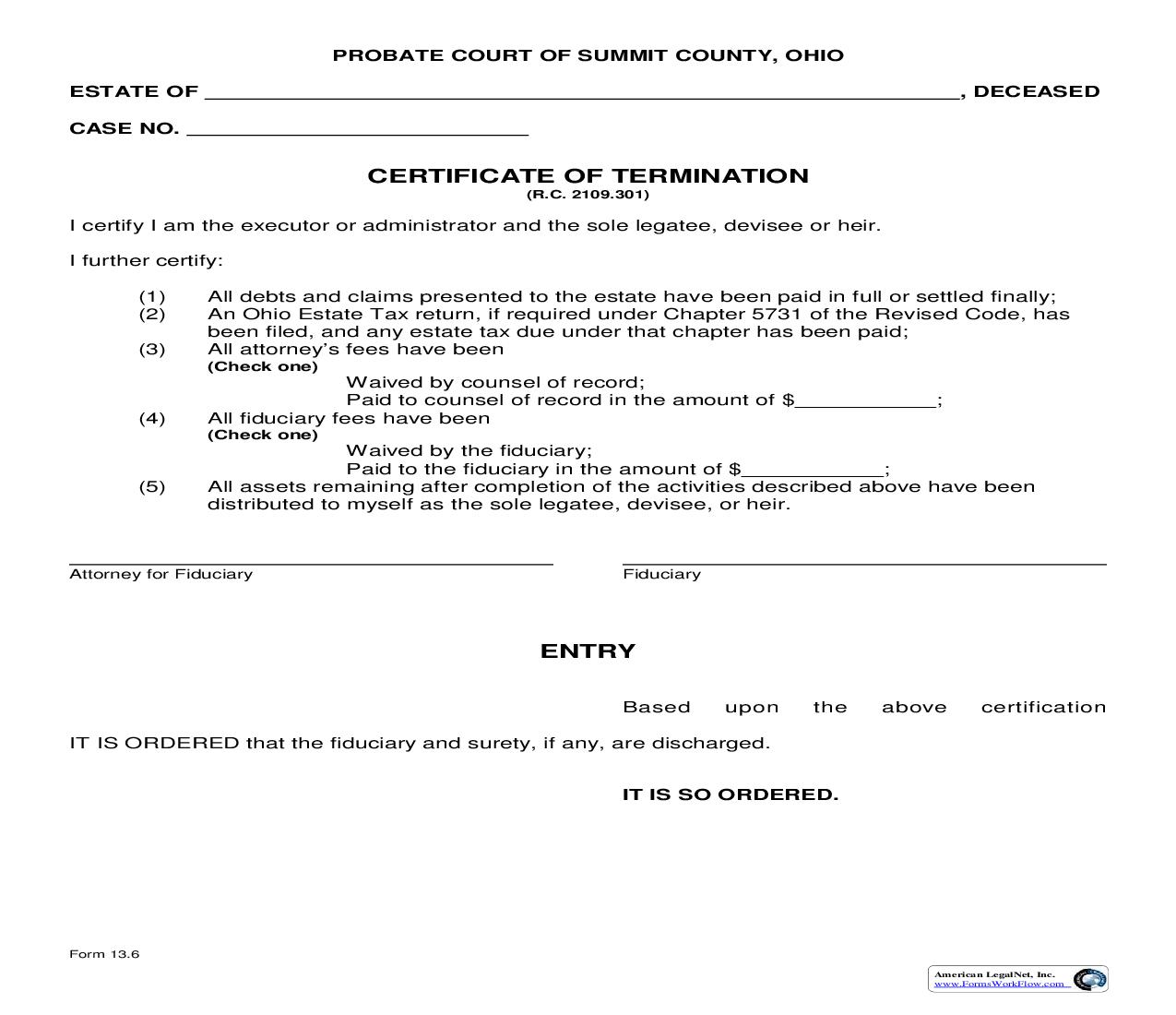 Certification Of Termination {13.6} | Pdf Fpdf Doc Docx | Ohio