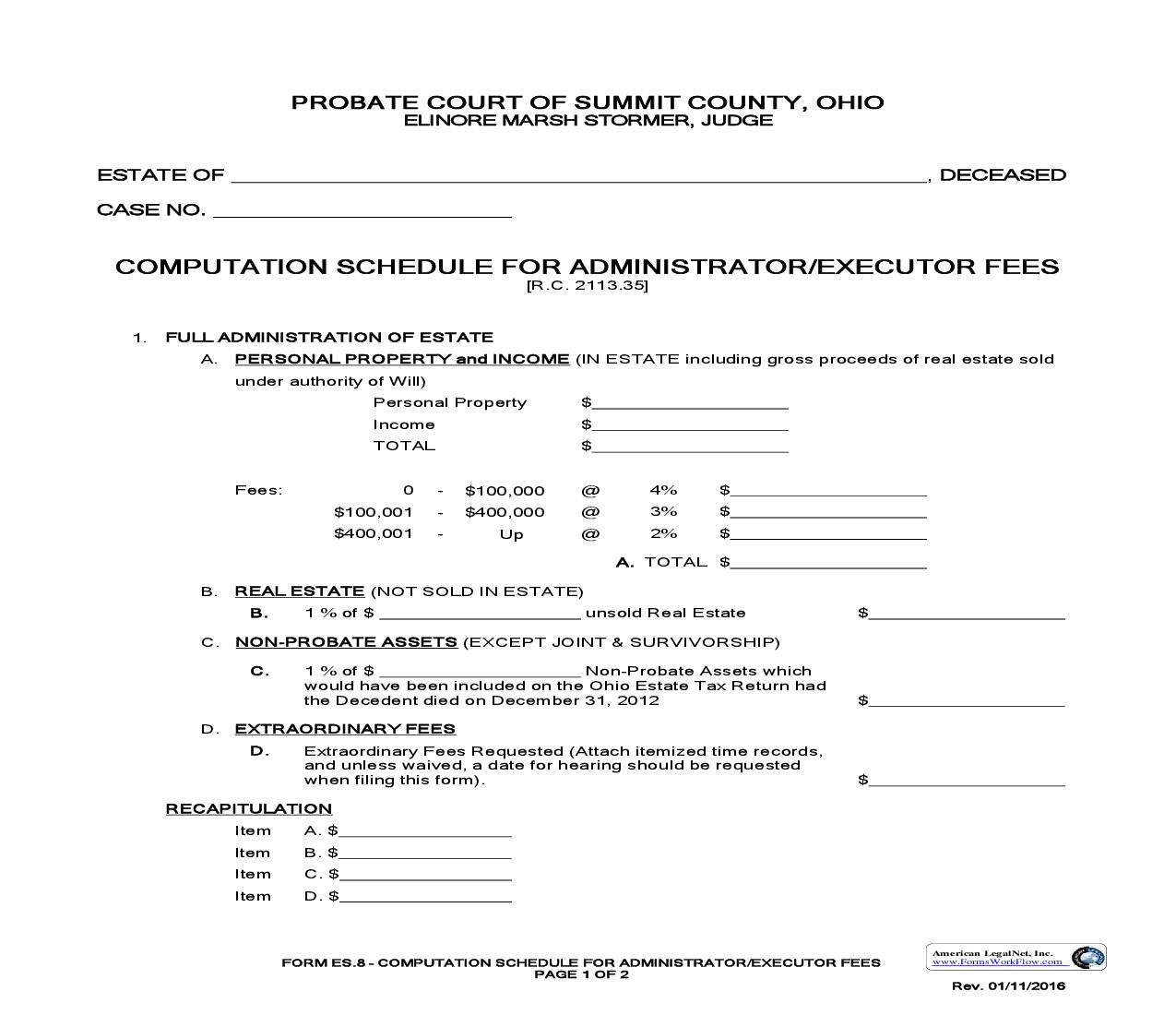 Computation Schedule For Administrator Executor fees {ES-8} | Pdf Fpdf Doc Docx | Ohio