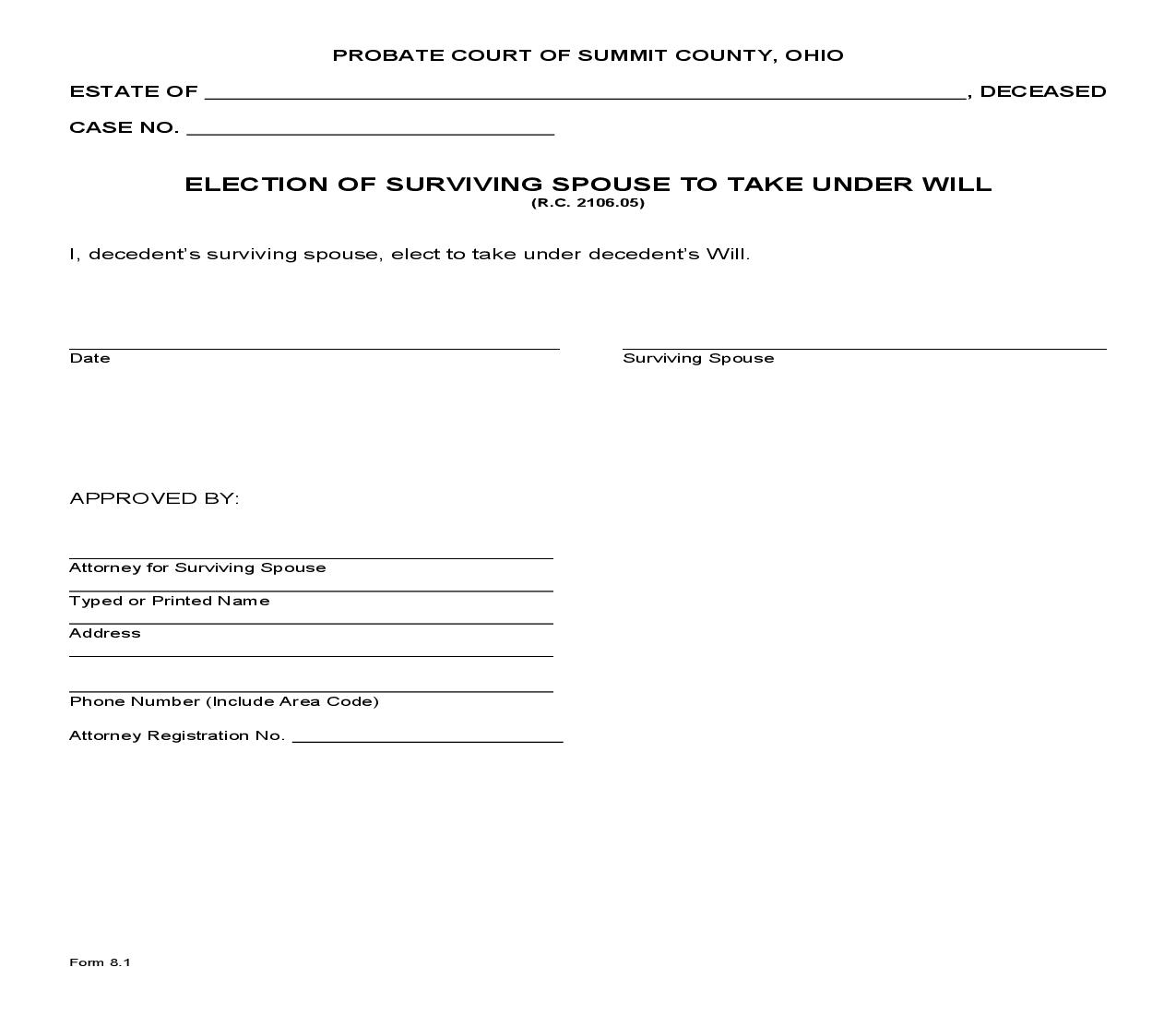 Election Of Surviving Spouse To Take Under Will {8.1} | Pdf Fpdf Doc Docx | Ohio