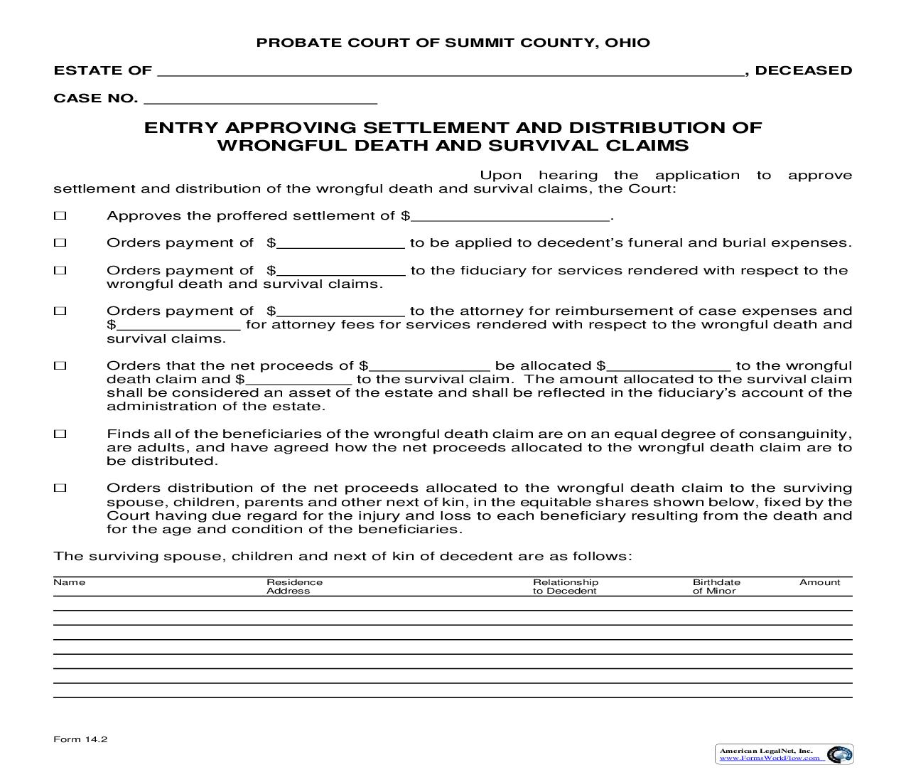 Entry Approving Settlement And Distribution Of Wrongful Death And Survival Claims {14.2} | Pdf Fpdf Doc Docx | Ohio