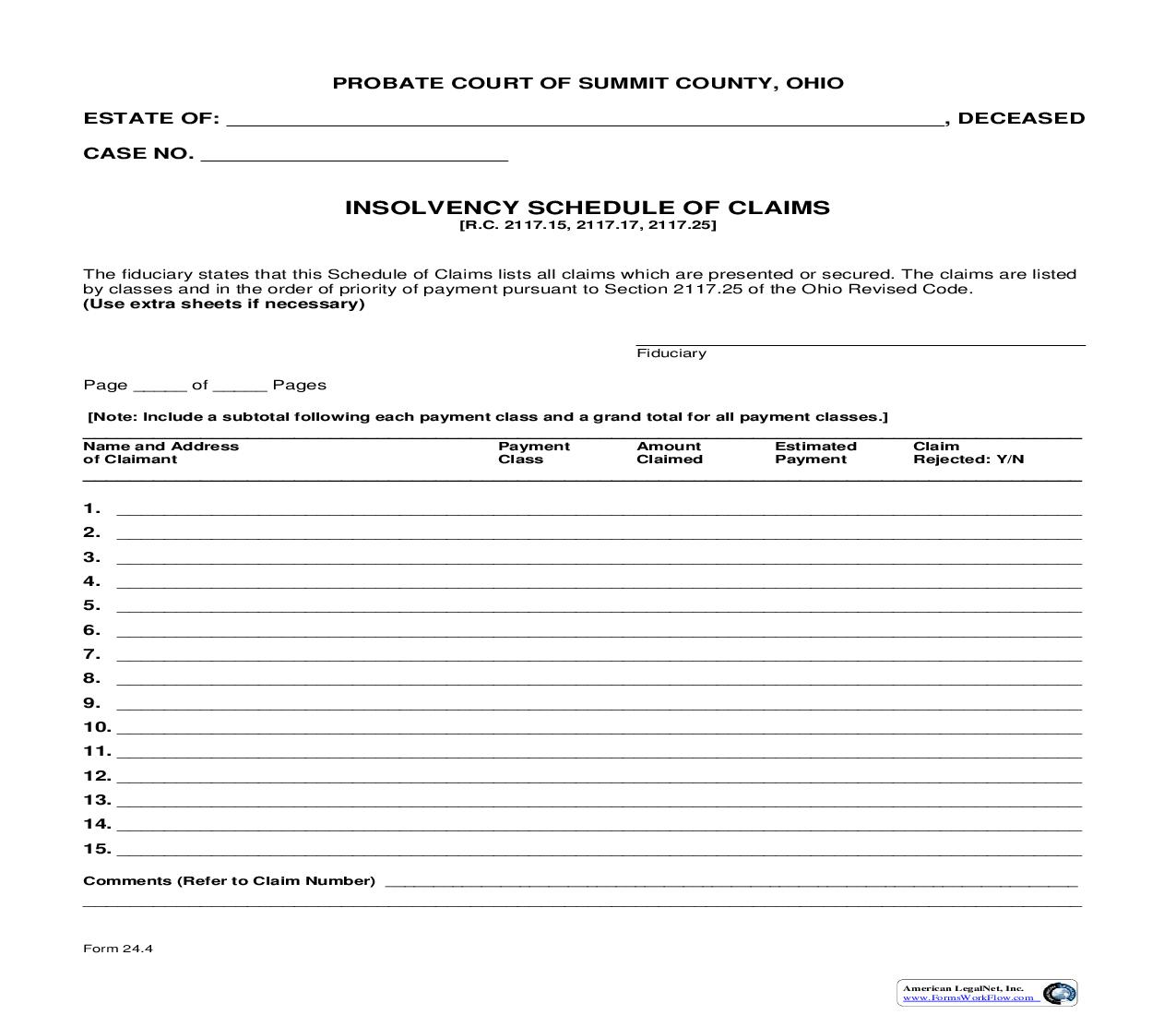 Insolvency Schedule Of Claims {24.4} | Pdf Fpdf Doc Docx | Ohio