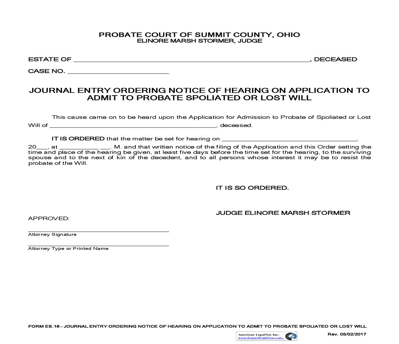 Journal Entry Ordering Notice Of Hearing On Spoliated Or Lost Will {ES-16} | Pdf Fpdf Doc Docx | Ohio