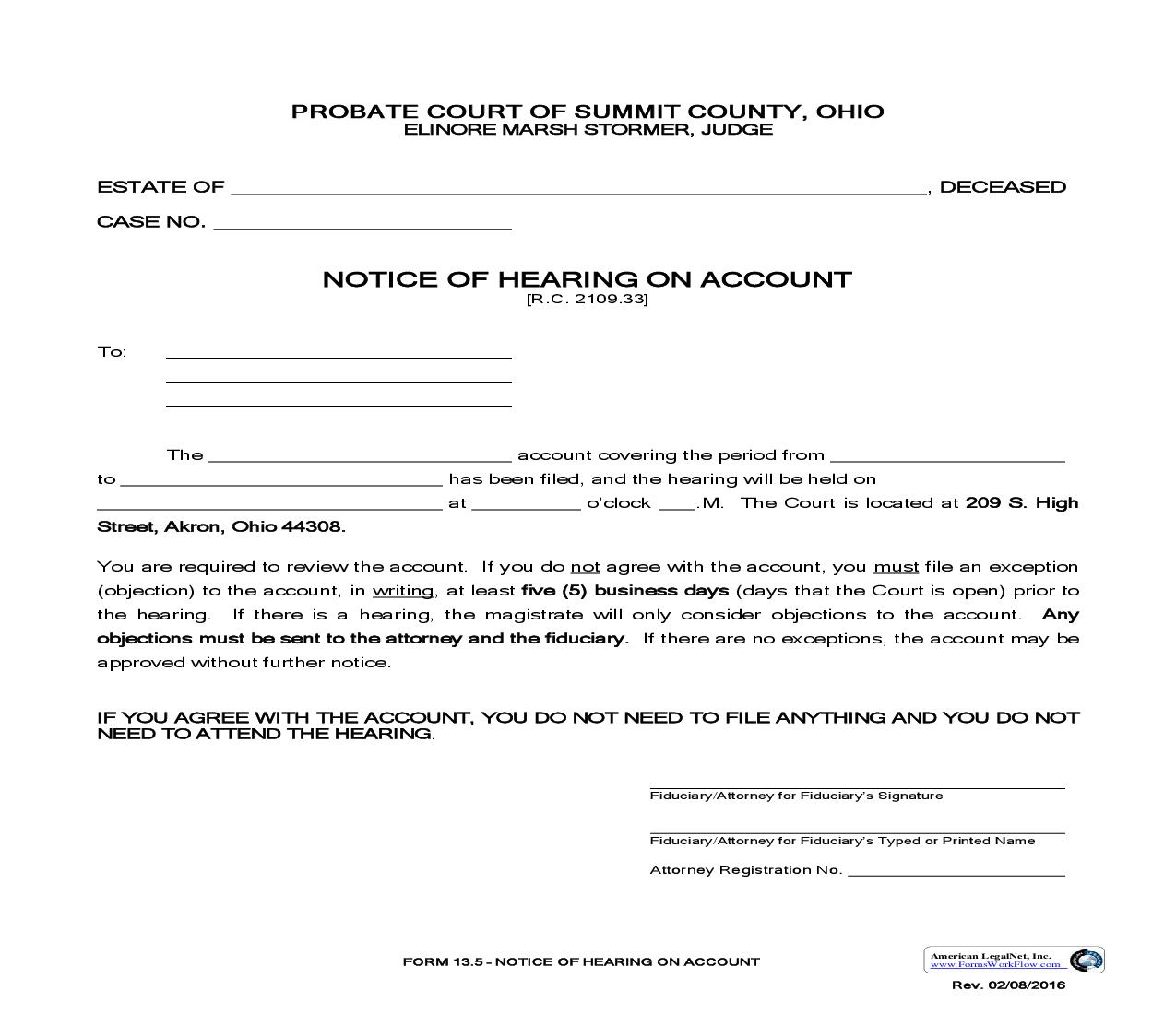 Notice Of Hearing On Account {13.5} | Pdf Fpdf Doc Docx | Ohio