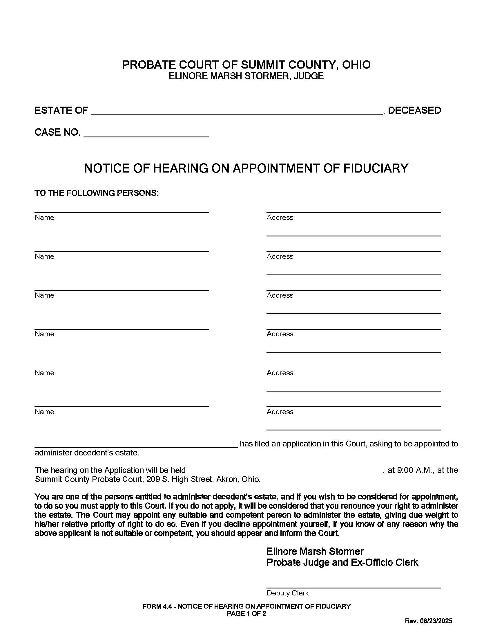 Notice Of Hearing On Appointment Of Fiduciary {4.4} | Pdf Fpdf Doc Docx | Ohio