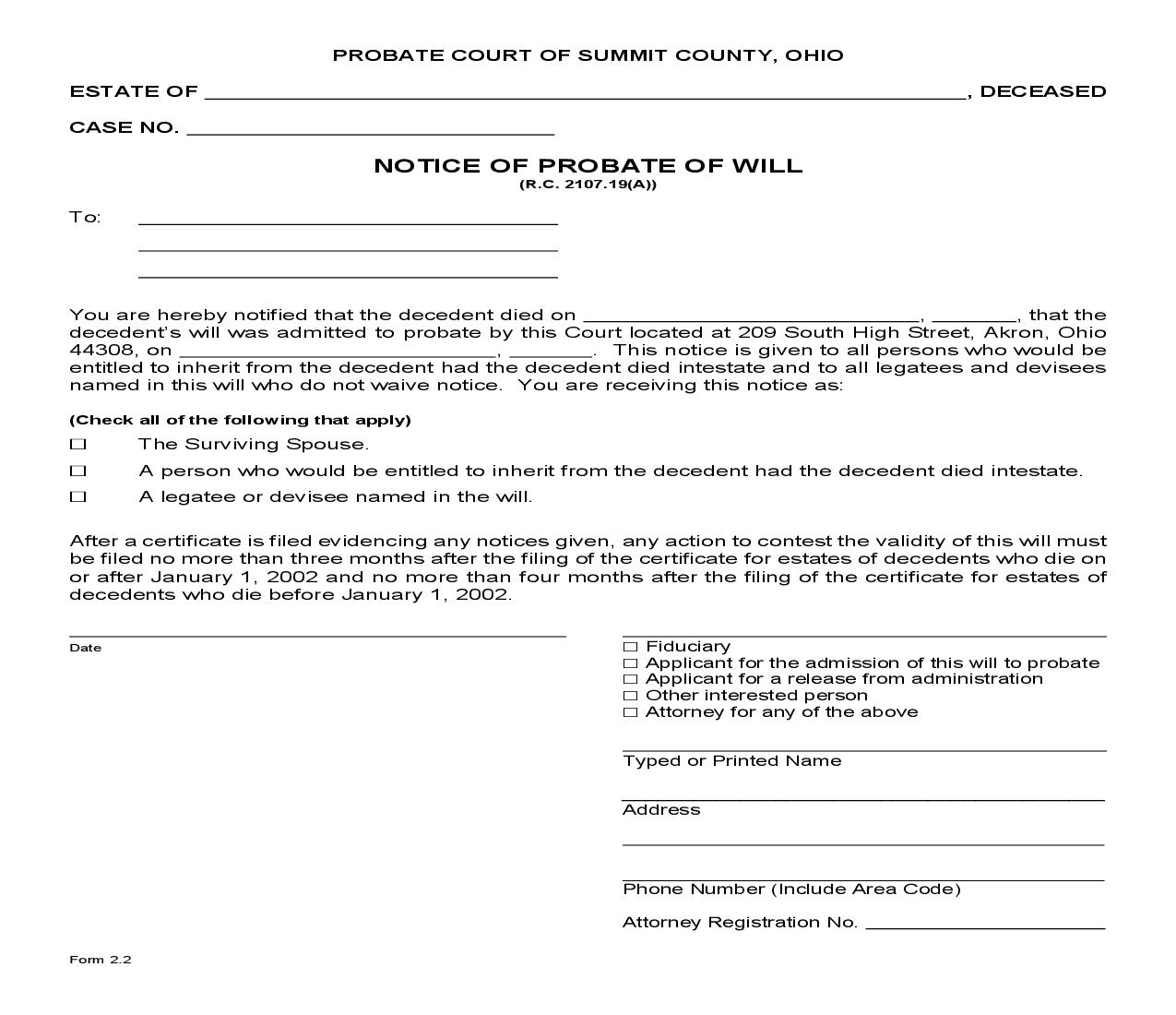 Notice Of Probate Of Will {2.2} | Pdf Fpdf Doc Docx | Ohio