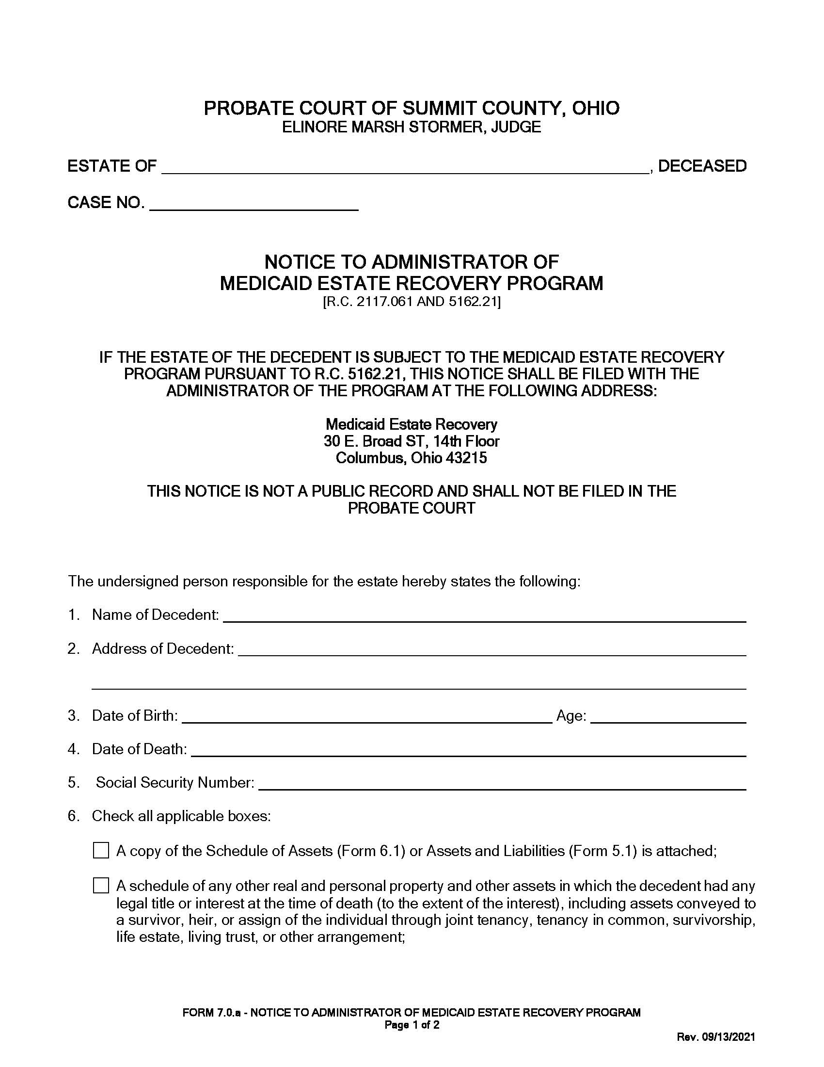 Notice To Adminstrator Of Medicaid Estate Recovery Program {7.0} | Pdf Fpdf Doc Docx | Ohio