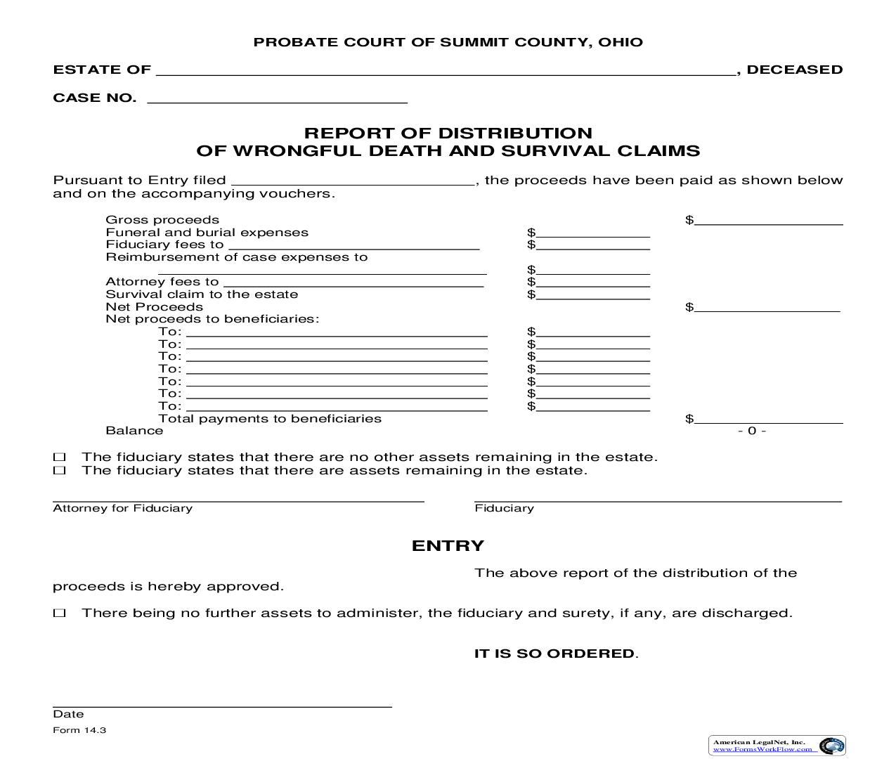 Report Of Distribution Of Wrongful Death And Survival Claims {14.3} | Pdf Fpdf Doc Docx | Ohio