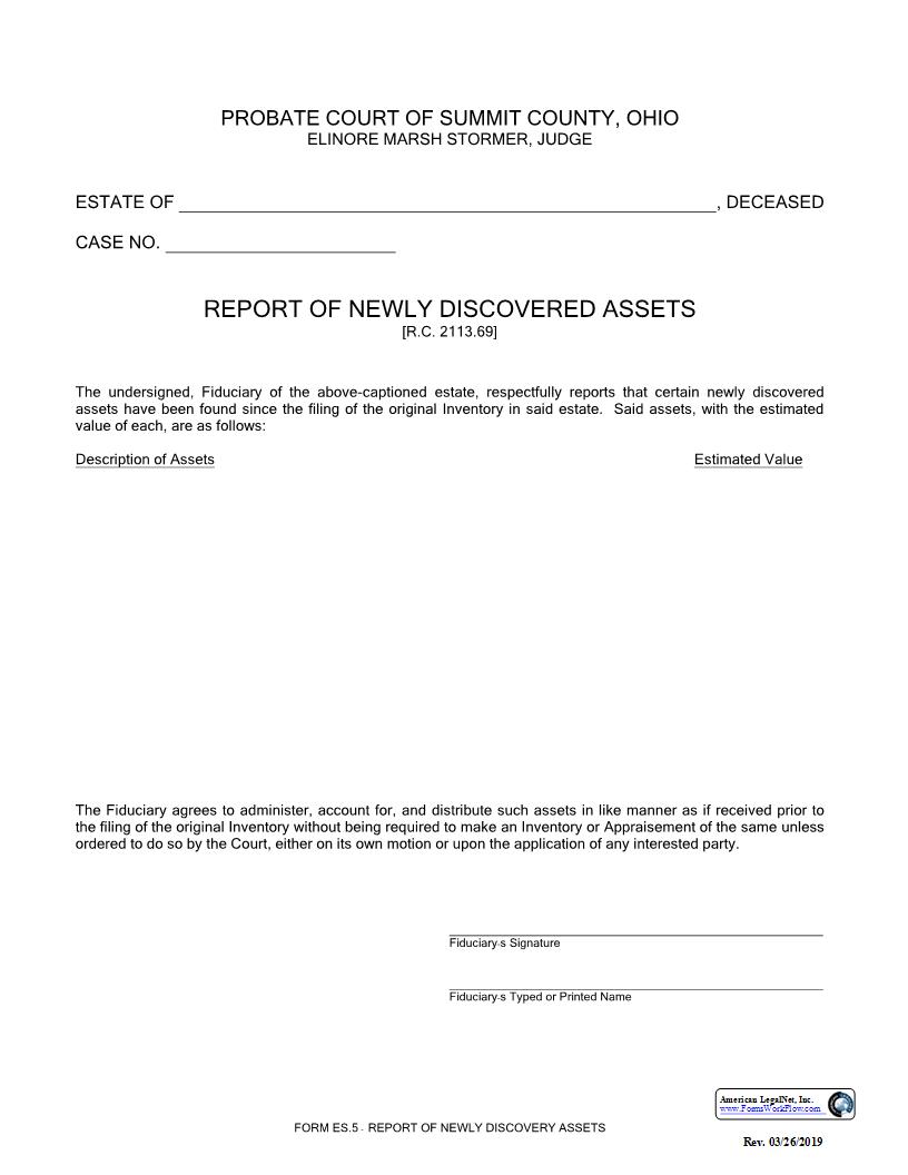 Report Of Newly Discovered Assets {ES-5} | Pdf Fpdf Docx | Ohio