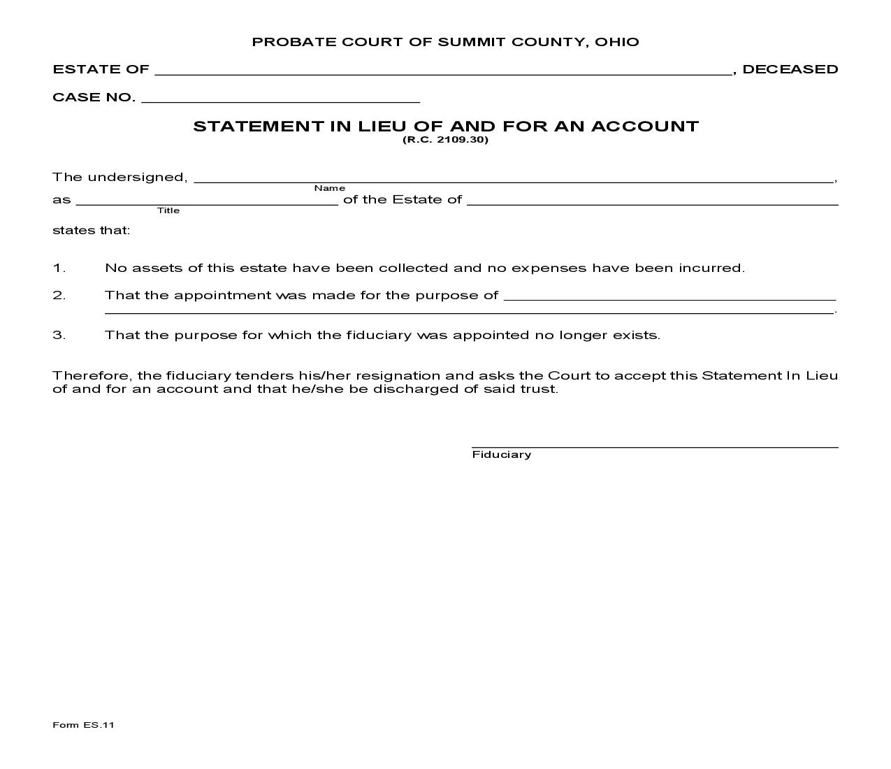 Statement In Lieu Of And For An Account {ES-11} | Pdf Fpdf Doc Docx | Ohio