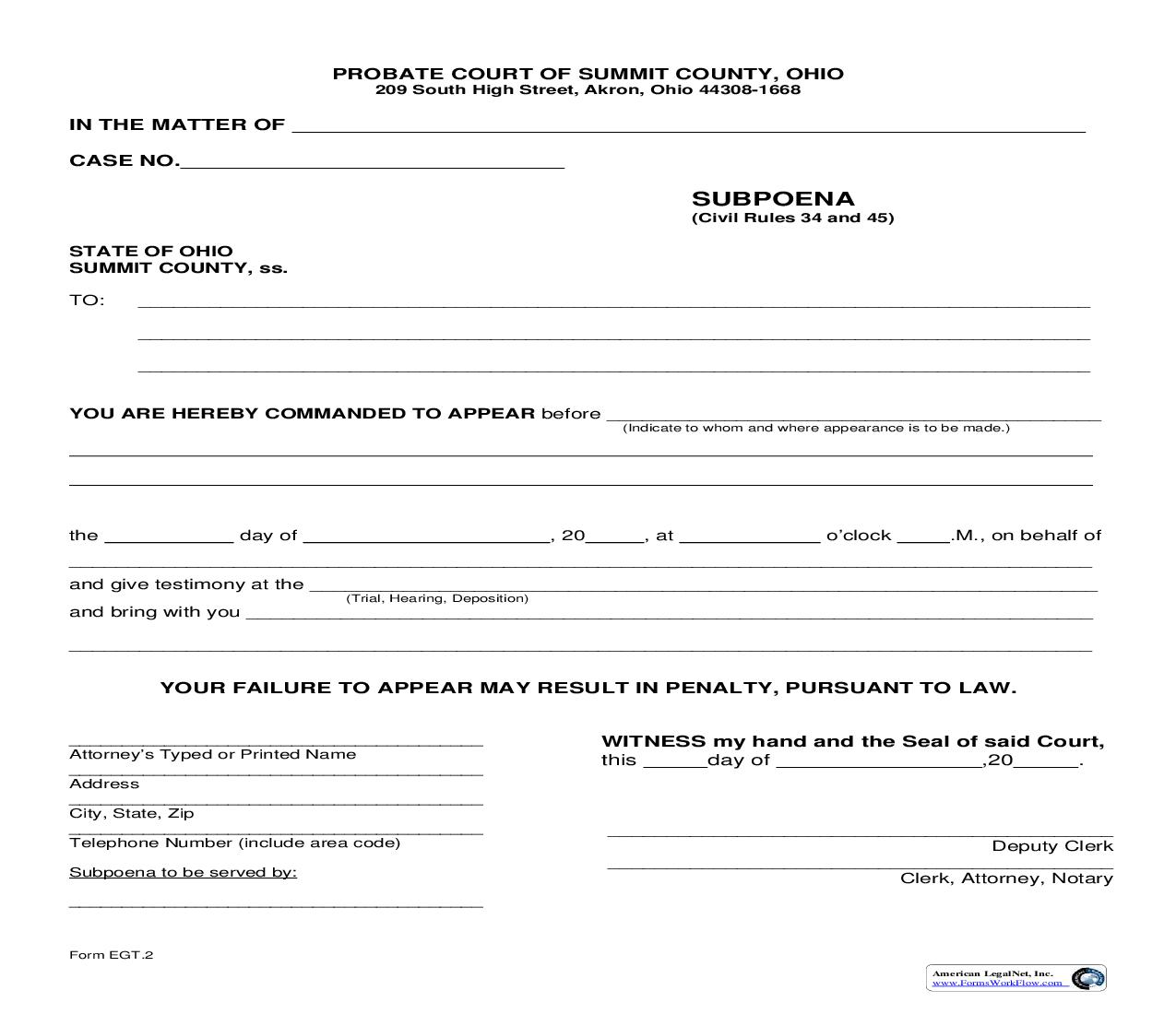 Subpoena {EGT-2} | Pdf Fpdf Doc Docx | Ohio