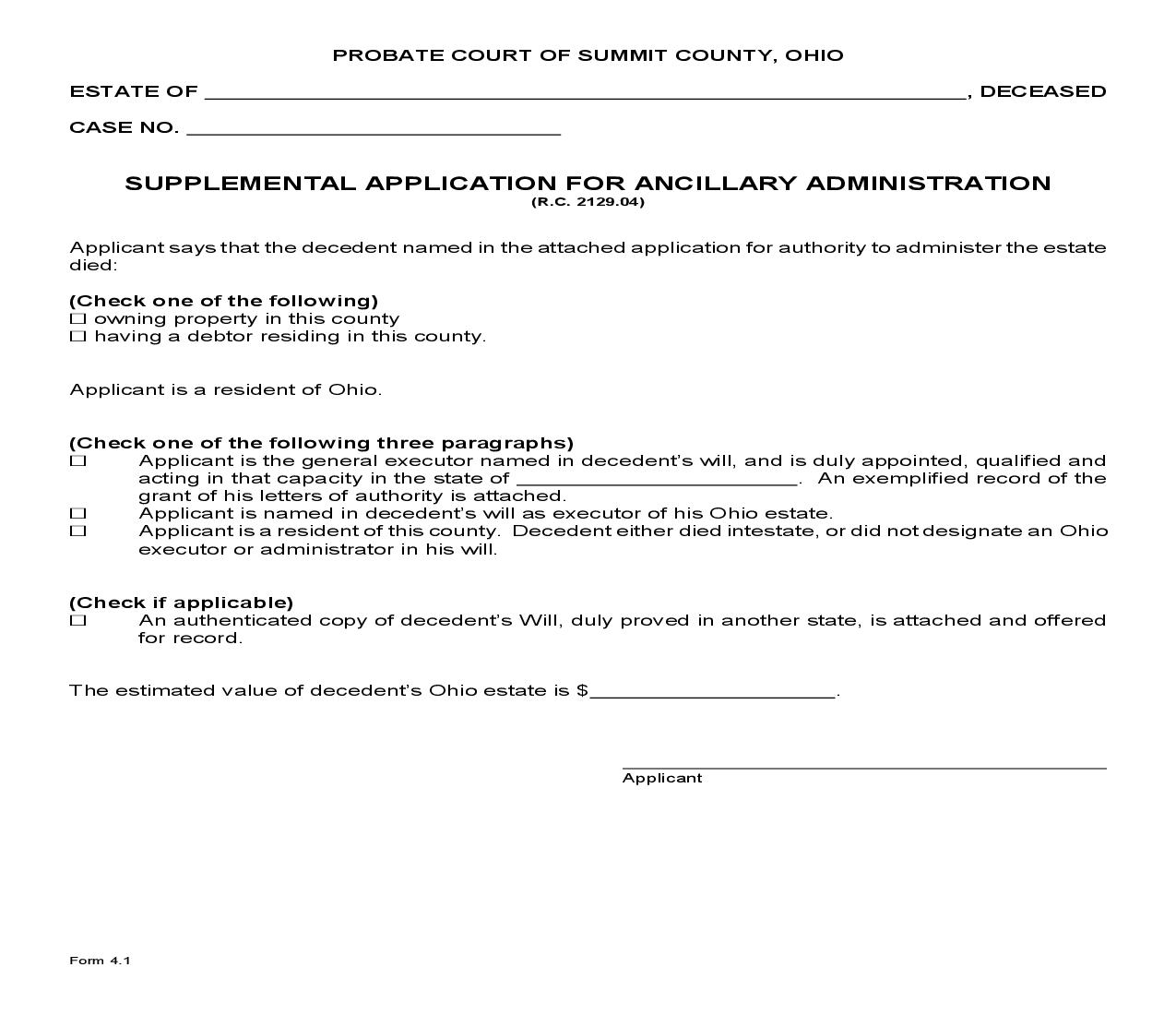 Supplemental Application For Ancillary Administration {4.1} | Pdf Fpdf Doc Docx | Ohio